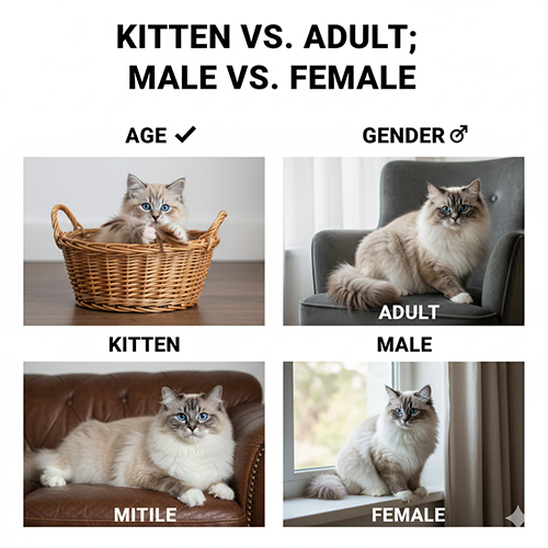 So sánh mèo Ragdoll kitten, trưởng thành, mèo đực và mèo cái để minh họa chênh lệch giá theo tuổi và giới tính