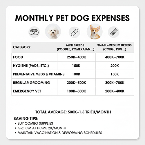 Bảng chi phí nuôi chó cảnh theo tháng cho nhóm chó mini và chó nhỏ đến vừa