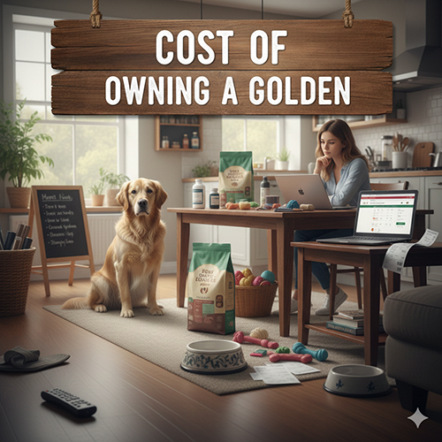 Chó Golden Retriever trong bếp cùng các vật dụng nuôi dưỡng, minh họa chi phí nuôi Golden hằng tháng và định kỳ