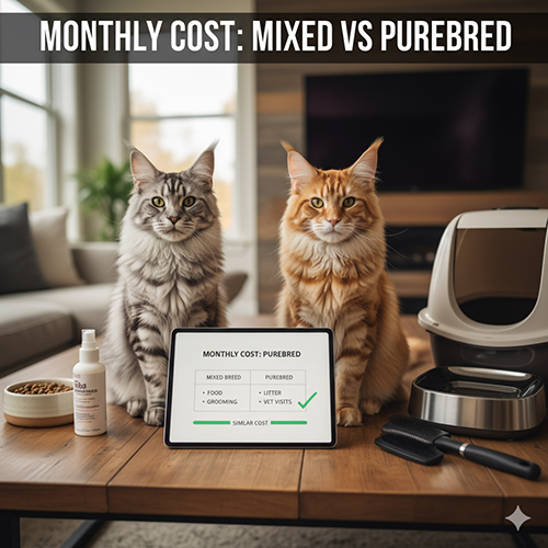 Mèo Maine Coon lai và thuần chủng ngồi cạnh nhau trong phòng khách, trước mặt là bảng so sánh chi phí nuôi hàng tháng.