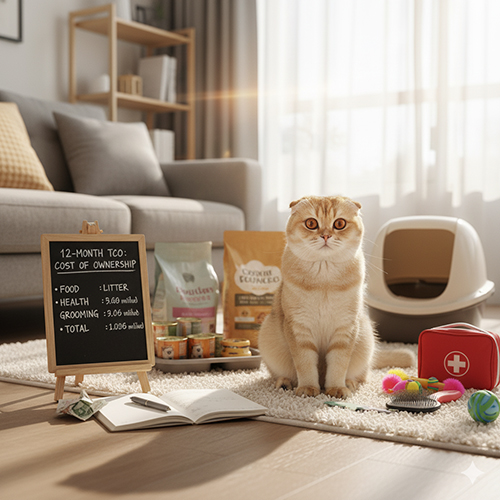 Mèo tai cụp Scottish Fold ngồi cạnh bảng tính chi phí nuôi 12 tháng, xung quanh là thức ăn, đồ chơi và dụng cụ chăm sóc.