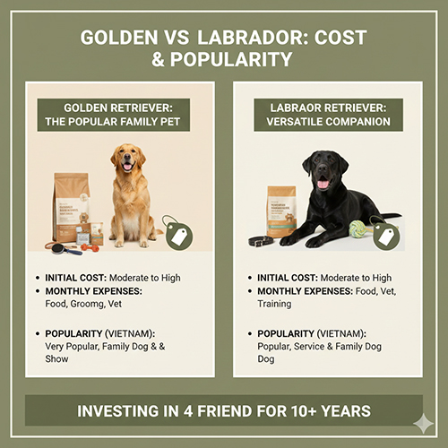so sanh chi phi nuoi gia mua va do pho bien cua golden retriever va labrador retriever tai viet nam