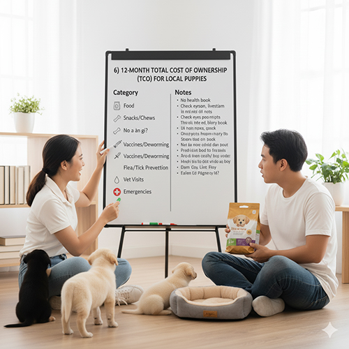 Cặp đôi trẻ ngồi cùng bốn chú chó con trước bảng ghi “12-month total cost of ownership for local puppies”, minh họa các hạng mục chi phí nuôi chó cỏ con.