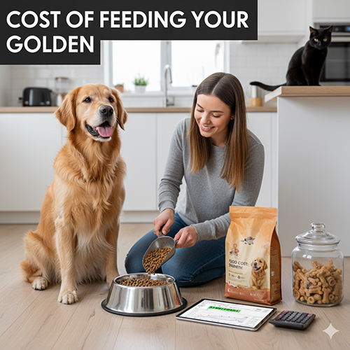 Chó Golden ngồi cạnh chủ đang đổ hạt vào bát, bên cạnh là bao hạt, hũ snack và máy tính để tính chi phí