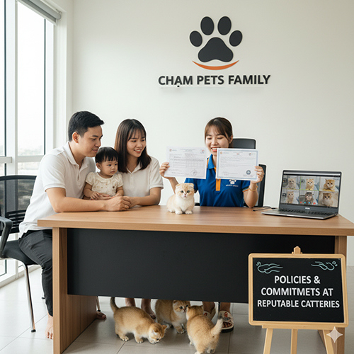 Gia đình được tư vấn tại Chạm Pets Family; nhân viên xuất trình sổ tiêm và sổ sức khỏe, mèo Munchkin Fold trên bàn, bảng cam kết đặt phía trước
