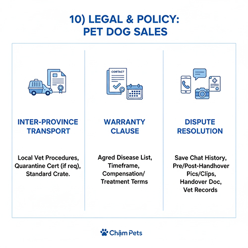 Chính sách pháp lý cần biết khi mua bán chó cảnh gồm vận chuyển bảo hành và xử lý tranh chấp