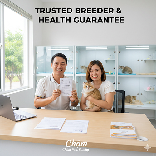 Hai nhân viên tại trại Chạm Pets Family cầm sổ giấy tờ, khách ôm mèo con trong phòng khám/chuồng mèo sạch sẽ – minh họa trại uy tín và bảo hành sức khỏe.