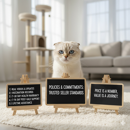 Mèo tai cụp Scottish Fold ngồi cạnh bảng chính sách và cam kết của nơi bán uy tín, bao gồm video thật, sổ tiêm và bảo hành sức khỏe.
