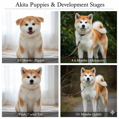 Infographic chó Akita con qua các giai đoạn phát triển từ 2–3 tháng tới khi trưởng thành 🐶🐕