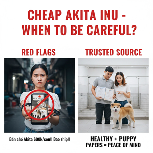Cảnh báo chó Akita giá rẻ với hình minh họa tin rao đáng ngờ và nguồn bán uy tín