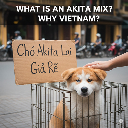 Chó Akita lai trong lồng với tấm bảng ghi “Chó Akita lai giá rẻ” trên phố Việt Nam