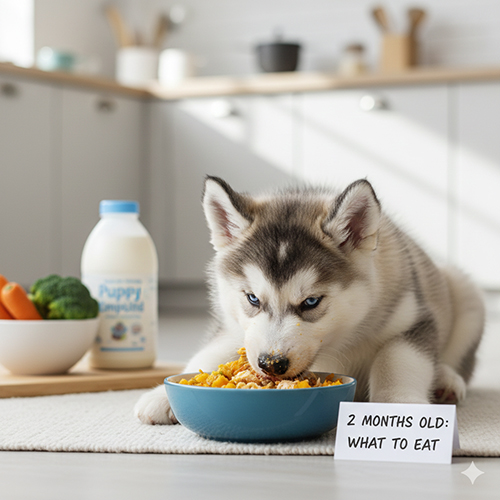 Chó Alaska 2 tháng tuổi đang ăn thức ăn cho chó con trong bát, giai đoạn làm quen dinh dưỡng