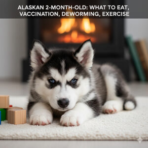 Chó Alaska 2 tháng tuổi nằm trong nhà, giai đoạn đầu ăn uống, tiêm phòng và chăm sóc cơ bản