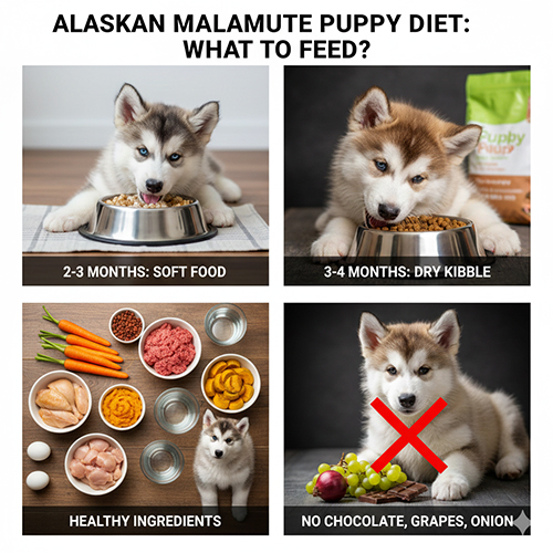 Chó Alaska con ăn thức ăn phù hợp theo từng giai đoạn 2–3, 3–4 và 4–6 tháng tuổi