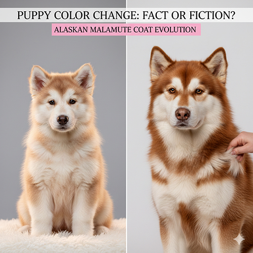 So sánh chó Alaska con màu hồng phấn và Alaska trưởng thành cho thấy sự thay đổi màu lông theo thời gian