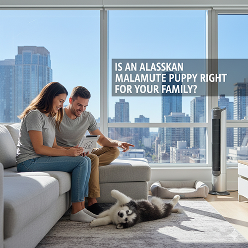 Chó Alaska con nằm trong phòng khách chung cư bên cạnh gia đình, không gian sống trong nhà