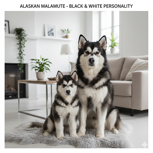 Chó Alaska Malamute đen trắng ngồi trong không gian phòng khách sáng, dáng vẻ điềm tĩnh và mạnh mẽ
