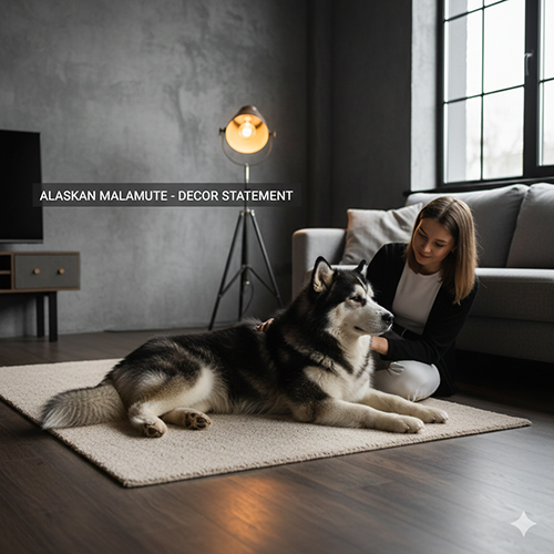 Chó Alaska Malamute đen trắng nằm trong phòng khách phong cách hiện đại, tạo điểm nhấn hài hòa với nội thất
