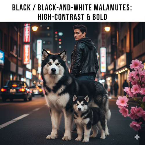 Chó Alaska Malamute đen trắng với bộ lông tương phản mạnh