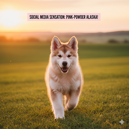 Chó Alaska hồng phấn đang chạy trên bãi cỏ dưới ánh nắng chiều gây sốt mạng xã hội