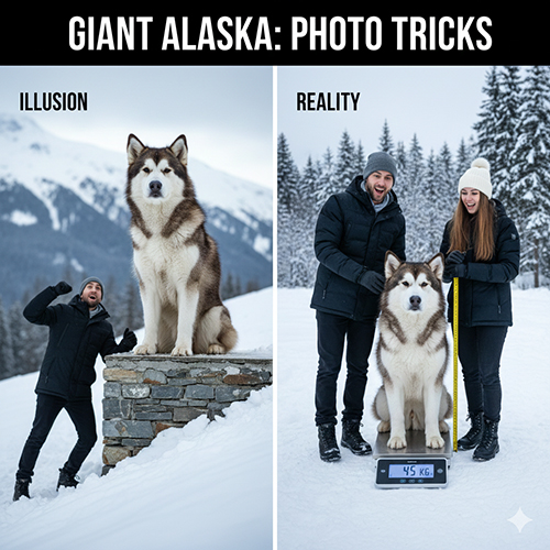 So sánh ảnh chó Alaska khổng lồ do góc chụp và kích thước thực tế ngoài đời