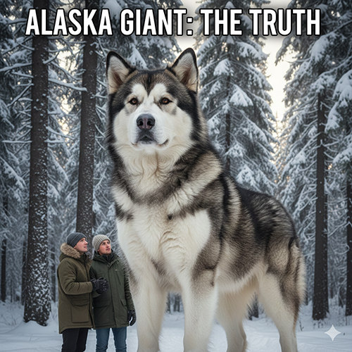 Chó Alaska khổng lồ Alaska Giant kích thước lớn đứng trong rừng tuyết