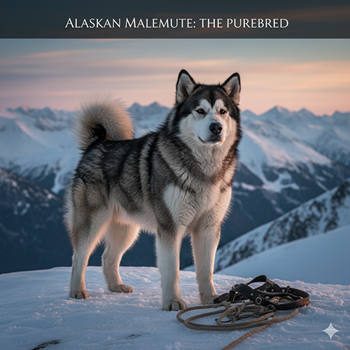 Chó Alaska Malamute thuần chủng đứng trên nền tuyết, vóc dáng to khỏe, lông dày hai lớp đặc trưng