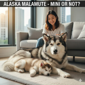 Chó Alaska mini size nhỏ nằm cạnh chó Alaska trưởng thành trong không gian căn hộ