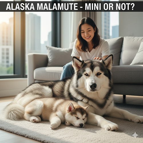 Chó Alaska mini size nhỏ nằm cạnh chó Alaska trưởng thành trong không gian căn hộ