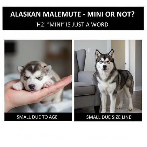 So sánh chó Alaska con còn nhỏ tuổi và chó Alaska size nhỏ trưởng thành trong nhà