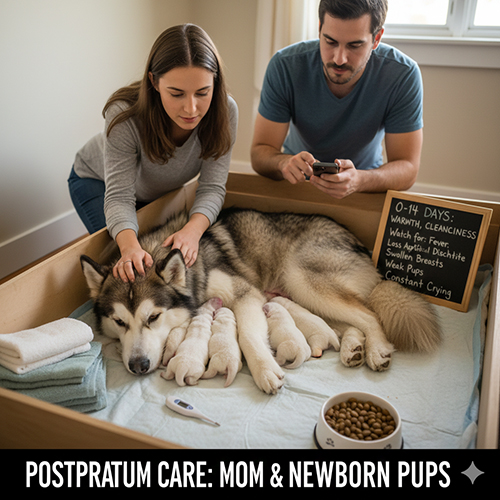 Chó Alaska mới đẻ và đàn chó con sơ sinh trong ổ đẻ