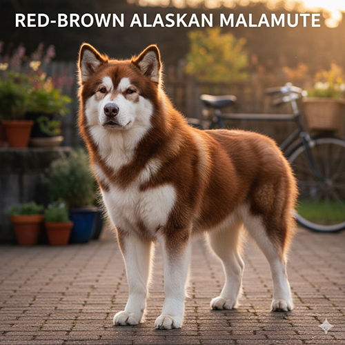 Chó Alaska Malamute màu nâu đỏ với lông ánh đỏ rõ dưới ánh nắng