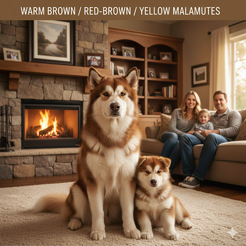 Chó Alaska Malamute màu nâu đỏ vàng với bộ lông tông ấm trong không gian gia đình