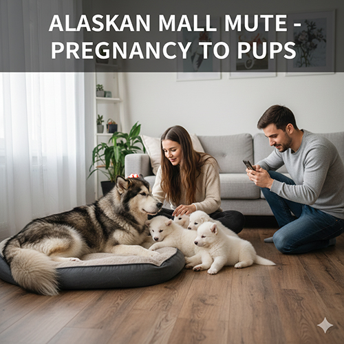 Chó Alaska Malamute mang thai và chăm sóc đàn chó con trong gia đình