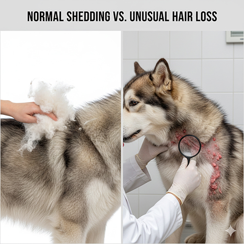 So sánh chó Alaska thay lông sinh lý và rụng lông bất thường do bệnh da
