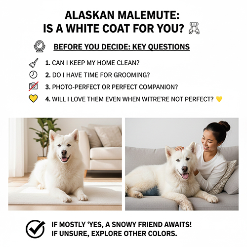 Chó Alaska trắng nằm trong không gian gia đình, đặt câu hỏi liệu màu lông trắng có phù hợp với người nuôi