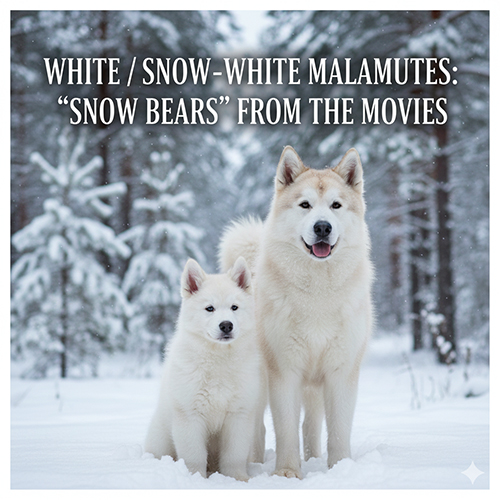 Chó Alaska Malamute trắng tuyết đứng trên nền tuyết trắng