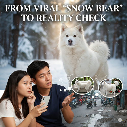 Chó Alaska trắng đứng giữa khung cảnh tuyết, phía trước là cặp đôi đang xem hình và phân vân về việc nuôi