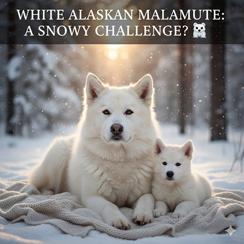 Chó Alaska trắng tuyết nằm trên tuyết với bộ lông dày, ngoại hình như gấu tuyết