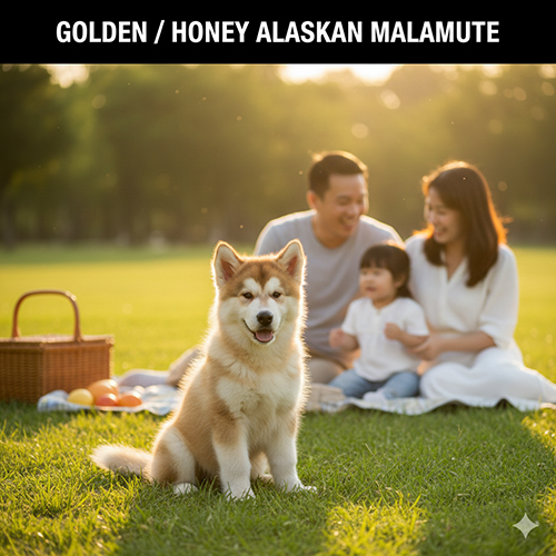 Chó Alaska Malamute màu vàng mật ong với bộ lông sáng ấm dưới nắng