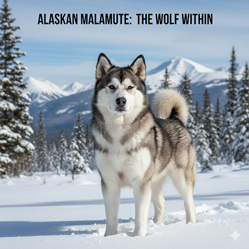 Chó Alaska xám trắng đứng trên nền tuyết, ngoại hình phong cách sói đặc trưng Malamute