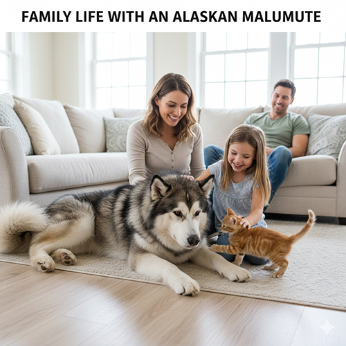 Chó Alaska xám trắng nằm chơi trong phòng khách cùng gia đình và trẻ nhỏ