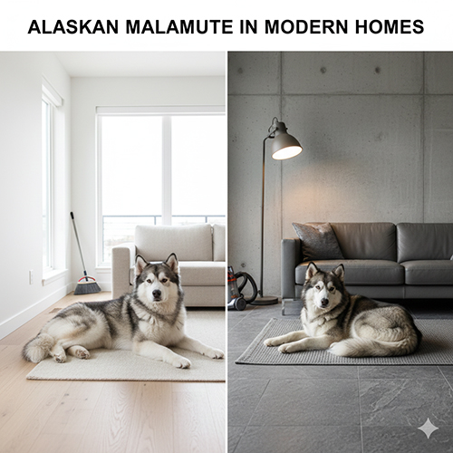 Chó Alaska xám trắng nằm trong phòng khách hiện đại với không gian sáng và tông xám