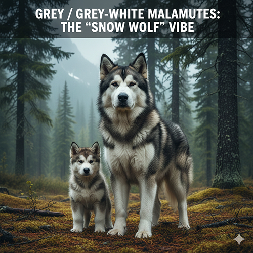 Chó Alaska Malamute xám trắng với ngoại hình giống sói tuyết trong rừng