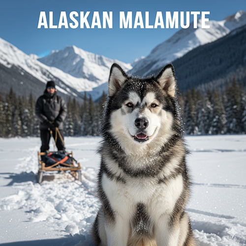 Chó Alaskan Malamute – chú chó kéo xe đứng trên tuyết, phía sau là người điều khiển xe trượt giữa khung cảnh núi tuyết hùng vĩ.