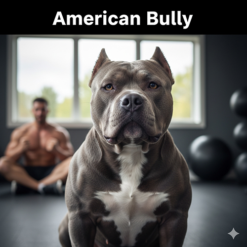 Chó American Bully – chú chó cơ bắp, đầu to, ngồi trong phòng gym cùng chủ đang tập luyện phía sau.