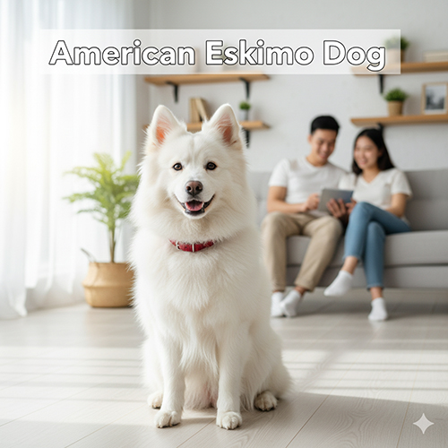 Chó American Eskimo – chú chó lông trắng tinh ngồi trong phòng sáng, phía sau là cặp đôi trẻ đang thư giãn trên ghế sofa.