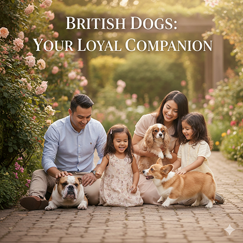 Gia đình hạnh phúc vui chơi cùng các giống chó Anh như Bulldog, Corgi và Cavalier trong khu vườn đầy hoa