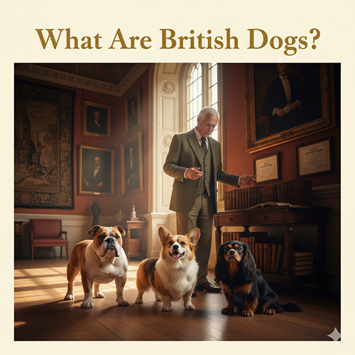 Người đàn ông lớn tuổi trong thư viện cổ điển cùng ba giống chó Anh nổi tiếng: Bulldog, Corgi và Cavalier