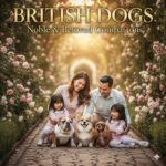 Gia đình hạnh phúc cùng các giống chó Anh quý tộc như Bulldog, Corgi và Cavalier King Charles Spaniel dạo chơi trong khu vườn hoa hồng